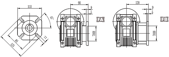 Карта присоединительных размеров червячного редуктора серии NMRV-050 улучшенный