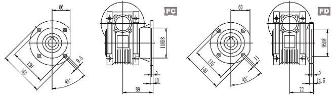 Карта присоединительных размеров червячного редуктора серии NMRV-050 с дополнениями
